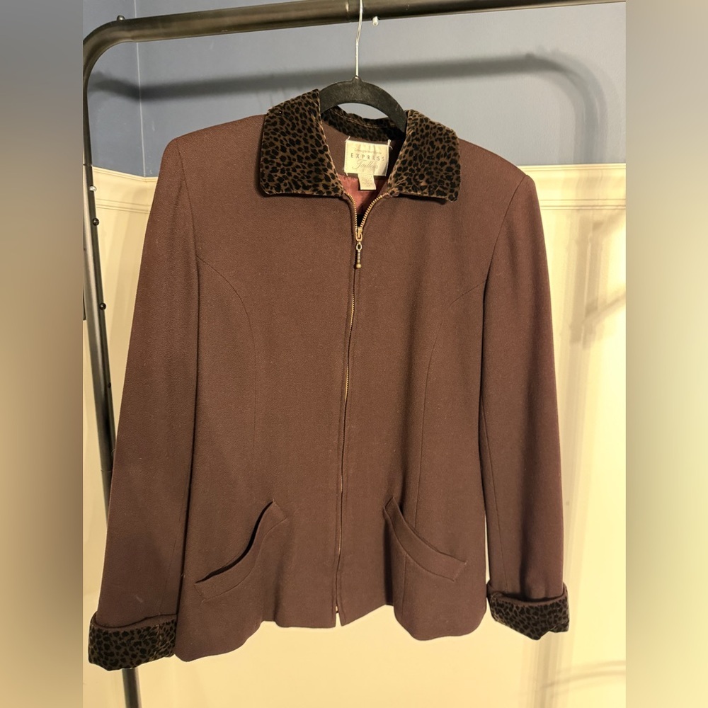 Vintage 90s Express Wool Blend Brown Zip Blazer Leopard Print Collar and cuffs